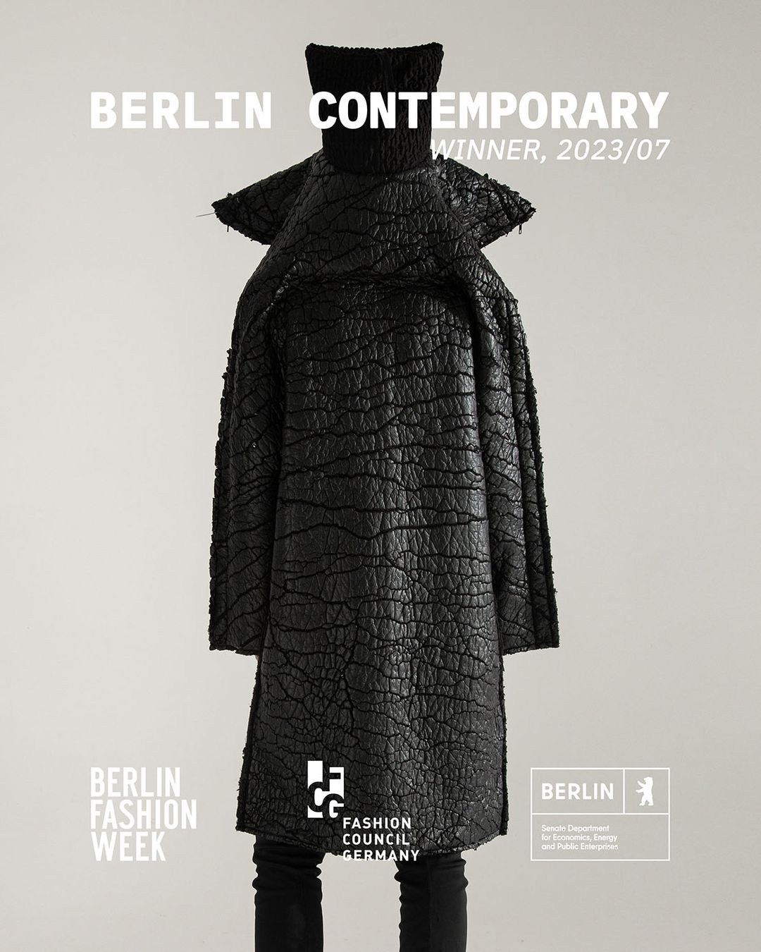 Berlin Contemporary winner poster featuring DZHUS garment