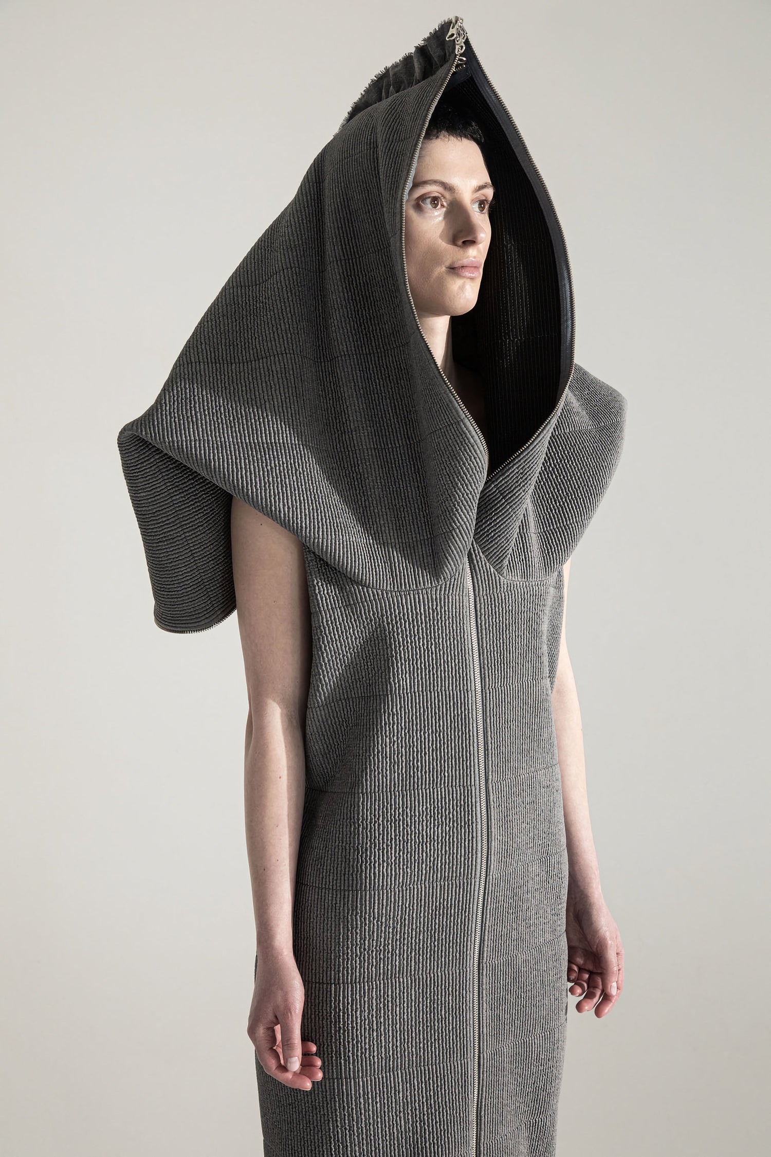 DZHUS AW23 collection a dress with a grey hood